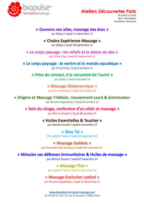 Ateliers découverte des massages, Sept-Dec 2014 @Biopulse, Paris